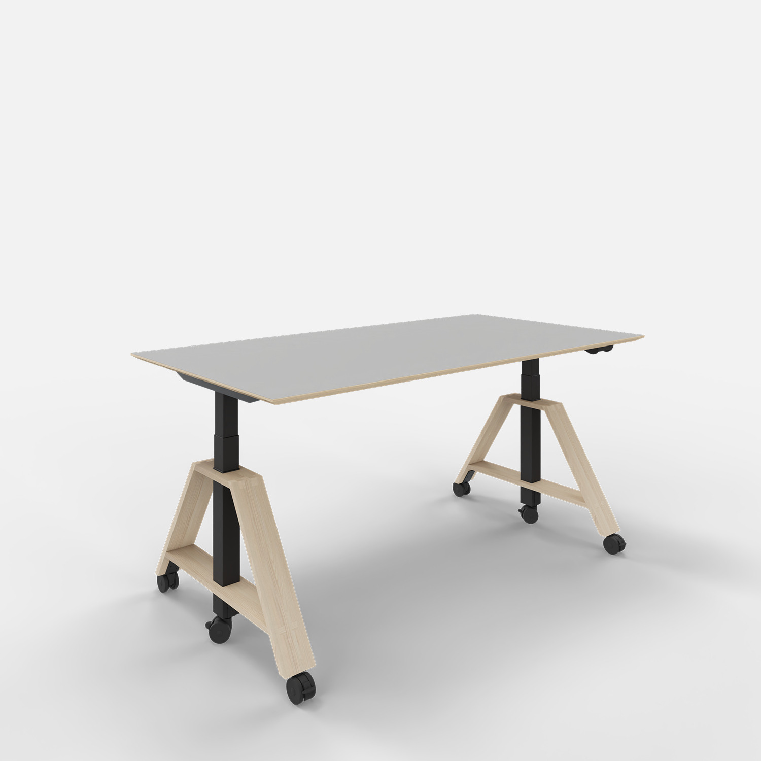Moderner höhenverstellbarer Projekttisch mit hellem Holz-A-Gestell und grauer Tischplatte auf Rollen